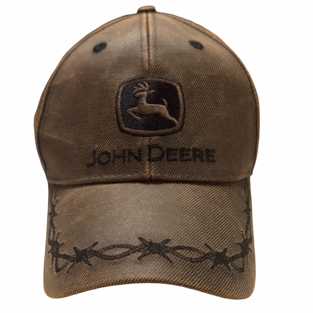 JOHN DEER Embroidered Distressed Brown Hat 
Barbed Wire Design 
Western Vibe